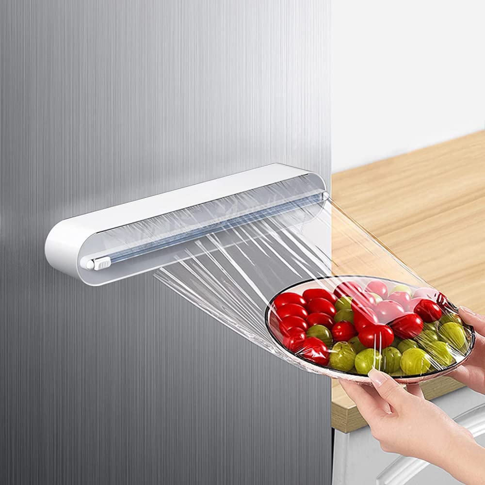 Refillable Magnetic Plastic Wrap Dispenser with Slide Cutter Sturdy Food Cling Wrap Film Cutter Press and Seal Plastic Wrap Plastic Wrap Dispenser with Cutter 12" x 328 Roll BPA Free Plastic Wrap