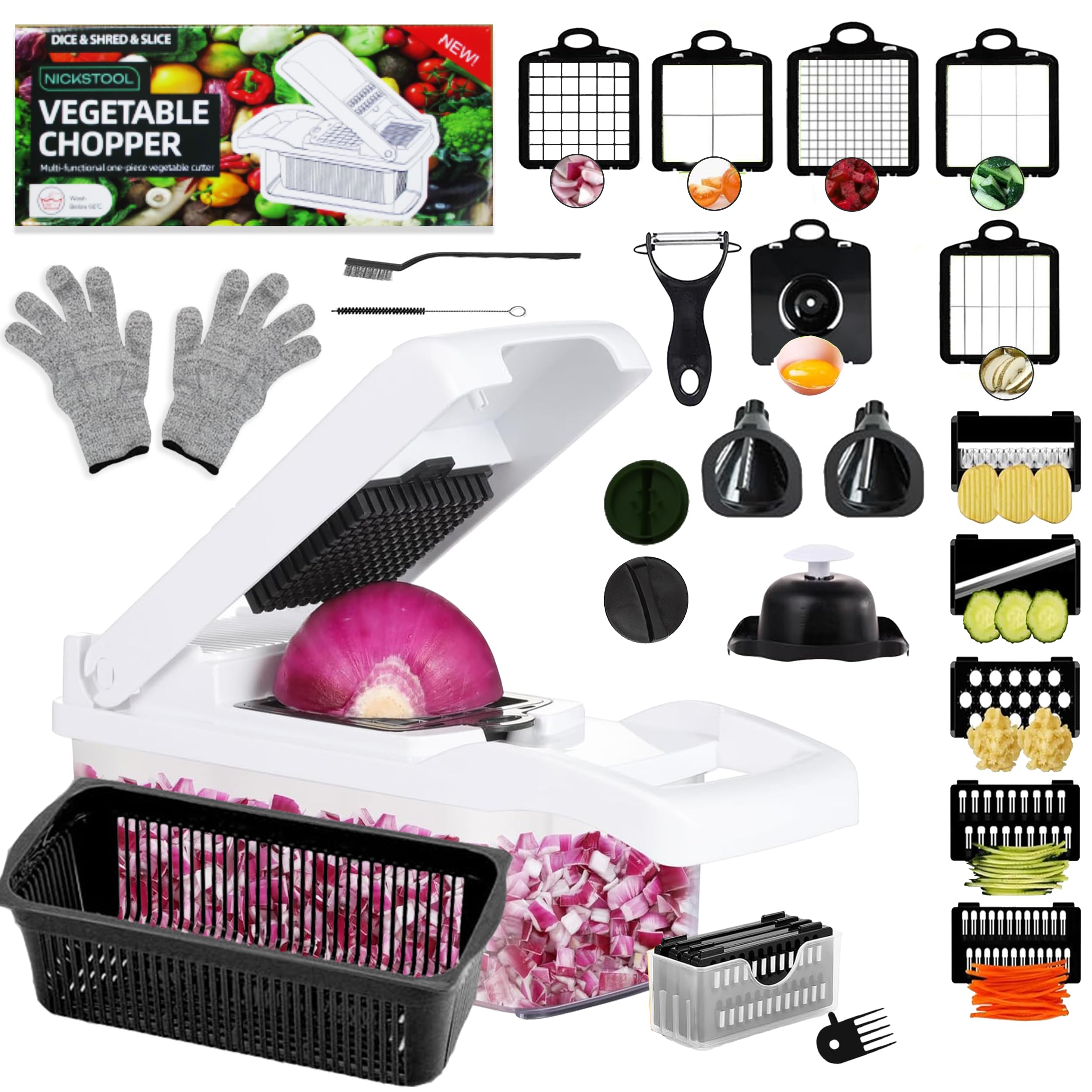NICKSTOOL All-in-1 Vegetable Chopper with Container - Veggie Slicer Kitchen Choppers & Dicer for Veggies With Cut Resistant Gloves & Cleaning Brushes Heavy Duty Veggies Chopper - Black