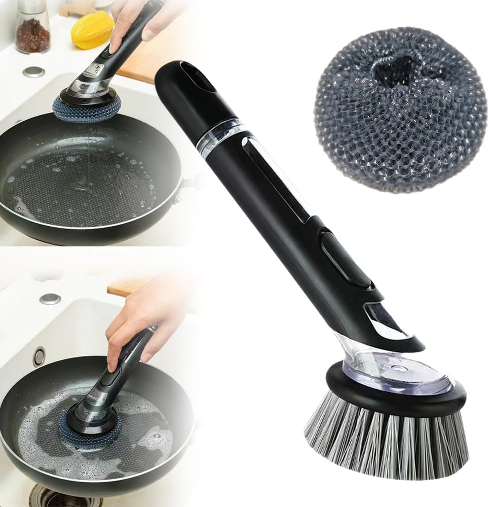 2024 New Dish Brush with Soap Dispenser Long Handle Dishwashing Brush with Replaceable Heads Kitchen Dish Scrub Brush Soap Dispensing Dish Brush Kitchen Brush for Pot Pan Sink Cleaning